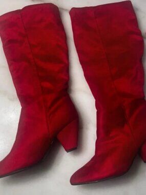 Red suede knee high boots with pointed toe